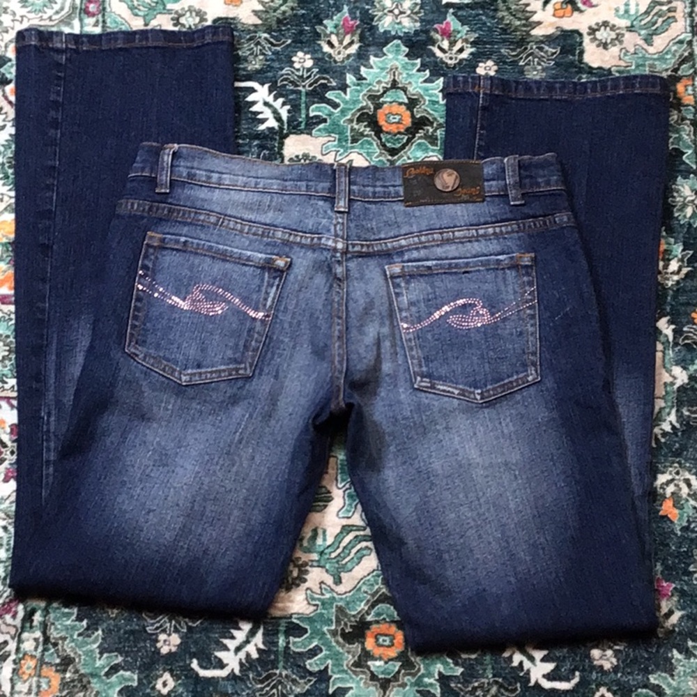Bebina Jeans Indigo Low Rise Rhinestone Embellished Flare Jeans Sz.10